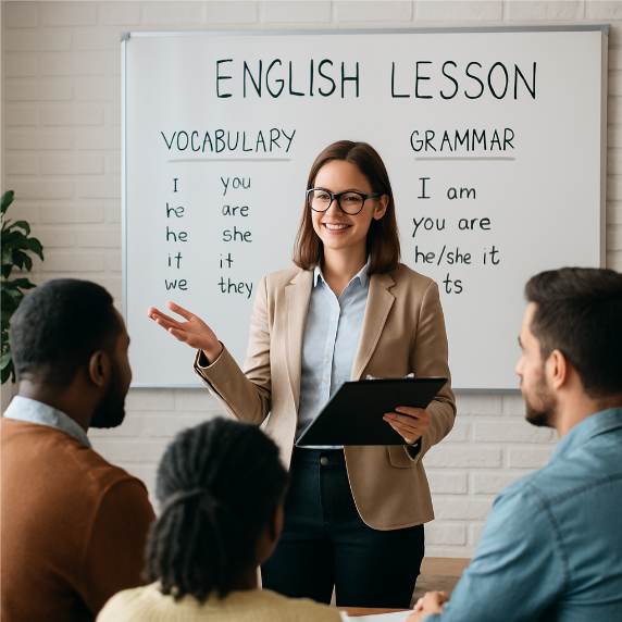 Equipo profesional impartiendo clase de inglés